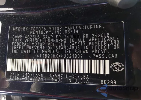 2019 Toyota Camry Hybrid Xle z USA, uszkodzony, nr VIN 4T1B21HKXKU521832